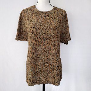 Vintage 80s AKF Tan Abstract Print Bat Sleeve Oversized Blouse Size M/L